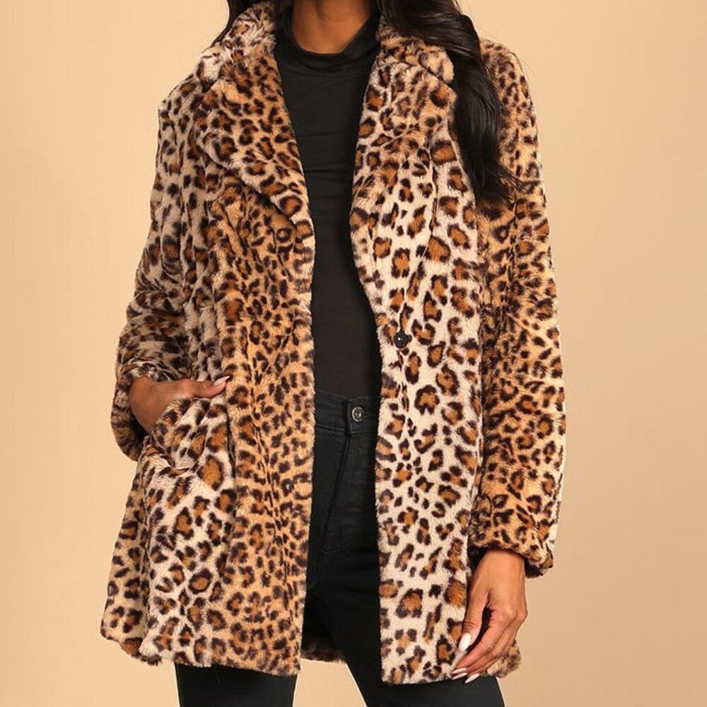 Lulus Harleston Tan Leopard Print Faux Fur Coat Beige - NWT